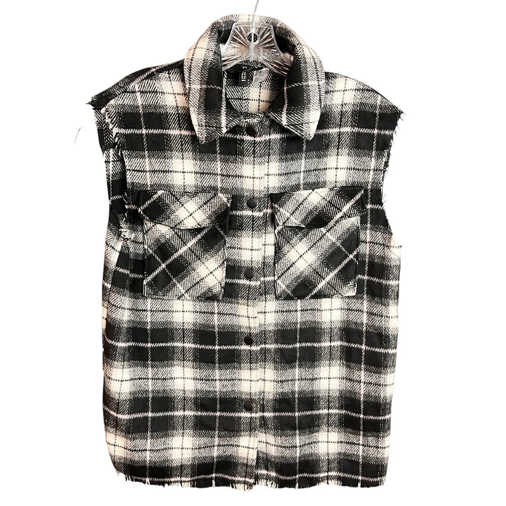 H & M Black & White Sleeveless Plaid Frayed Vest  Size XS